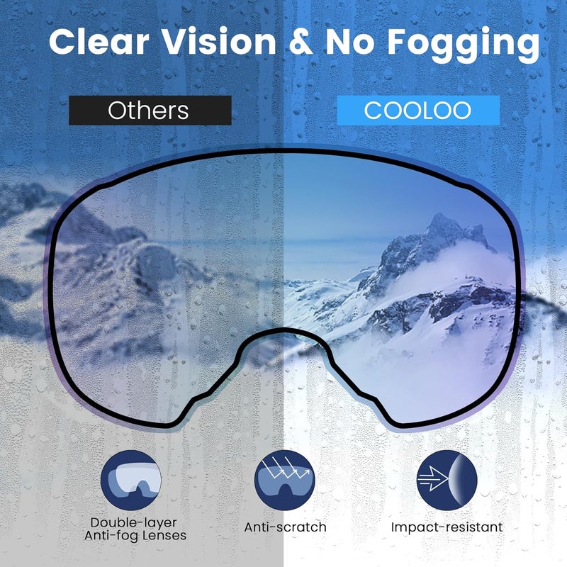 COOLOO Ski Goggles, OTG Snow Goggles for Adult Men Women Youth, Snowboard Goggles Over Glasses, Anti-fog, UV Protection - Image 2